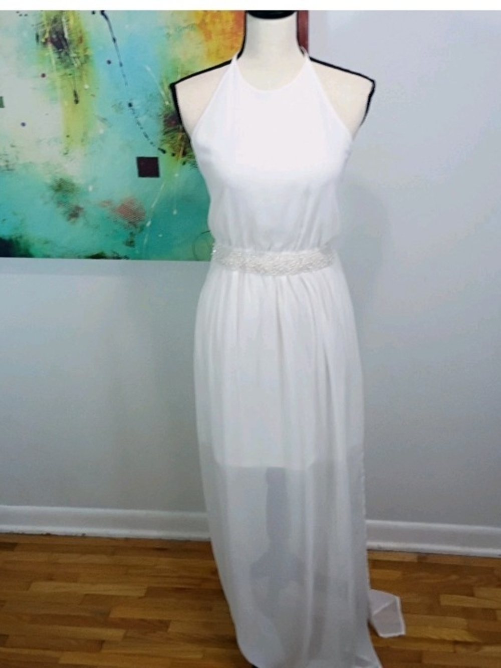 Marineblu Halter Neck Backless White Sheer Maxi Dress with Beaded Waist